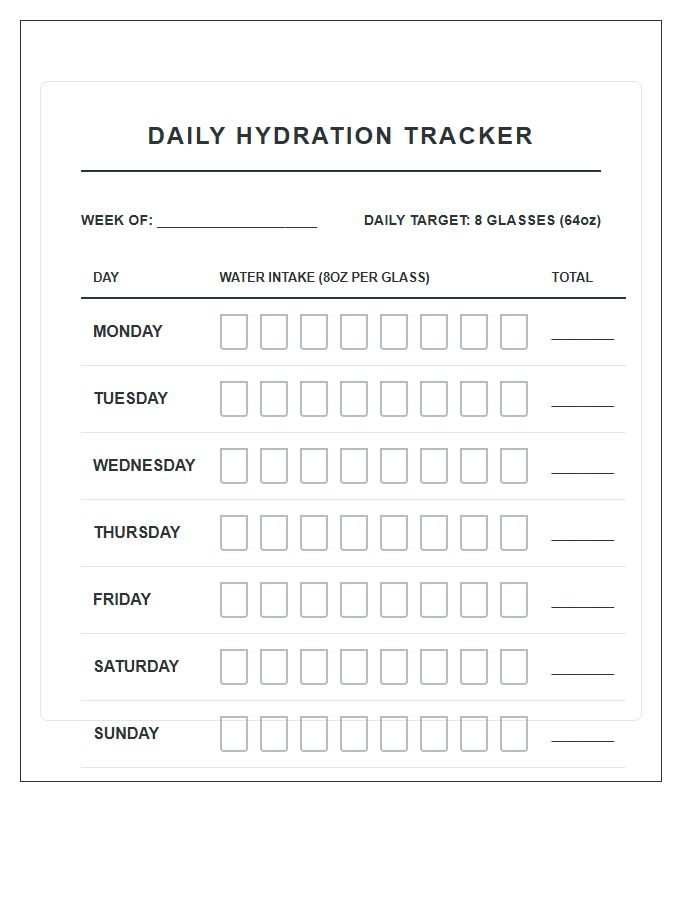 Daily Hydration Tracking Printable Goal Chart