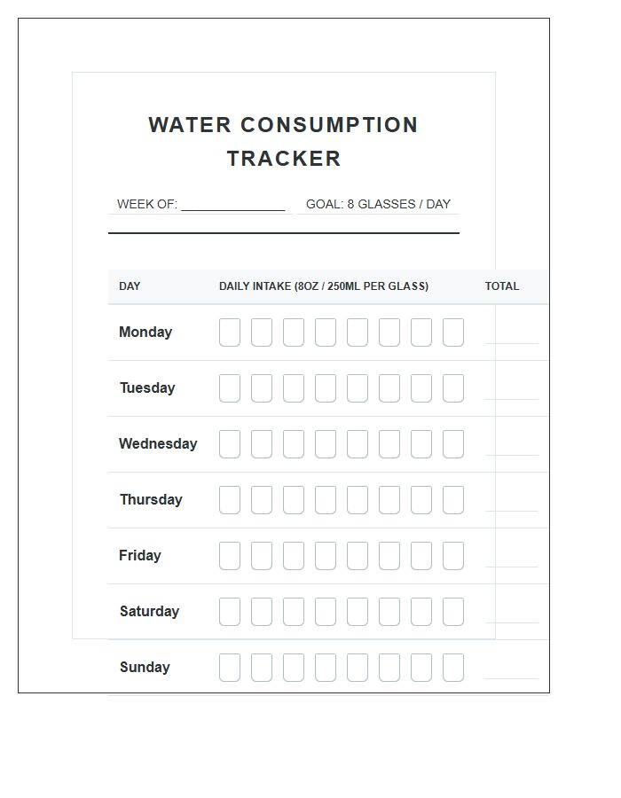 Fitness Journal Water Consumption Printable Chart