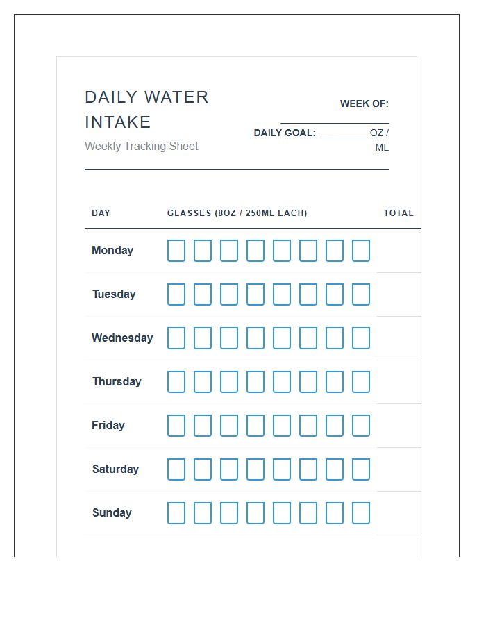 Full Page Daily Water Intake Printable Chart