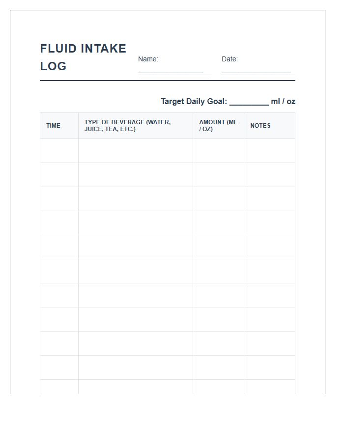 Printable Daily Fluid Intake Monitoring Chart