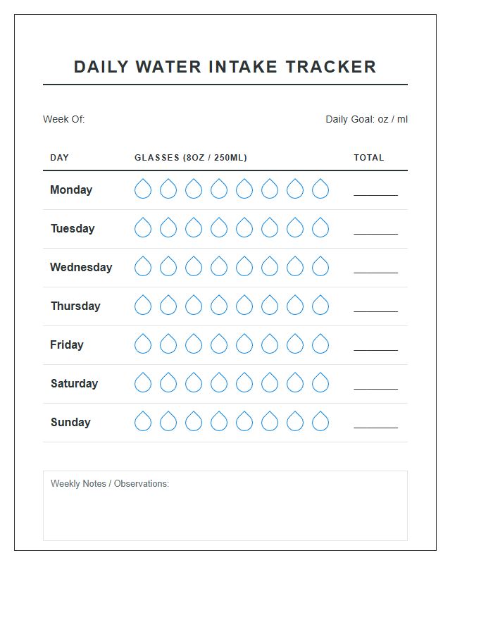 Printable Daily Water Bottle Tracker Chart
