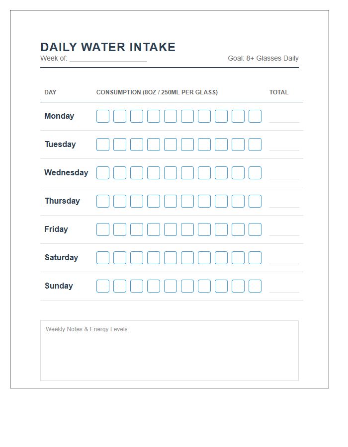 Printable Daily Water Volume Tracking Chart