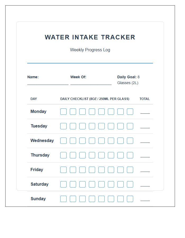 Water Intake Progress Printable Checklist Chart