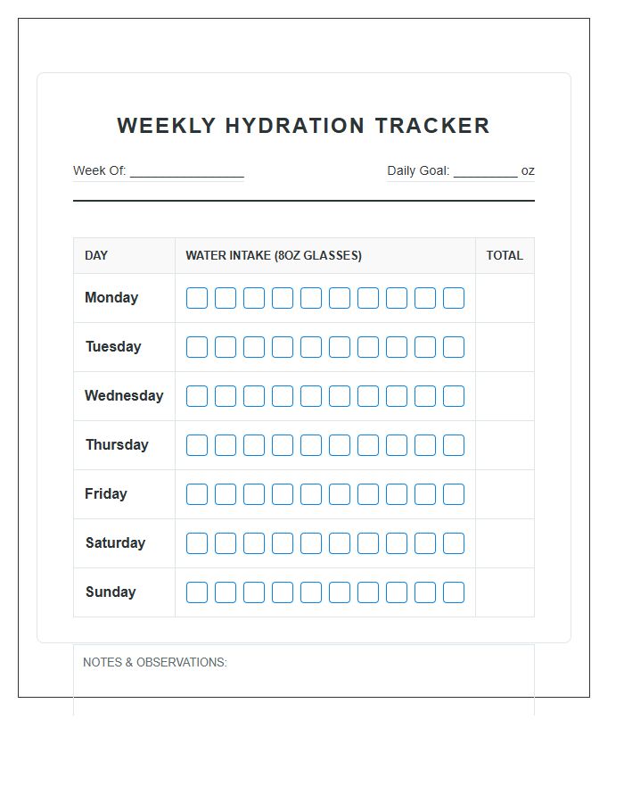 Weekly Hydration Goal Printable Checklist Chart