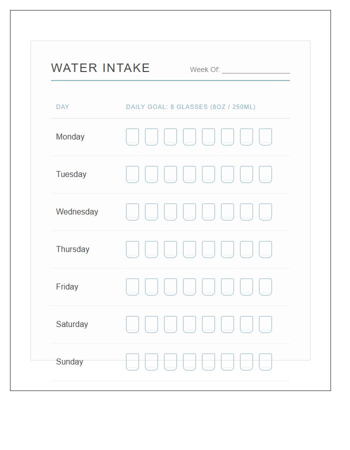 Wellness Planner Water Intake Printable Chart