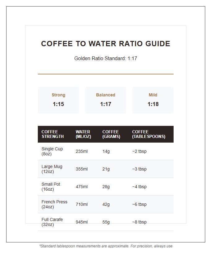 Comprehensive Coffee To Water Ratio Chart Printable