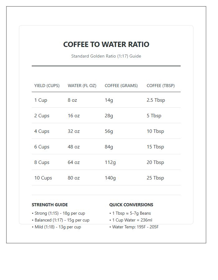 Kitchen Coffee To Water Ratio Chart Printable Sheet