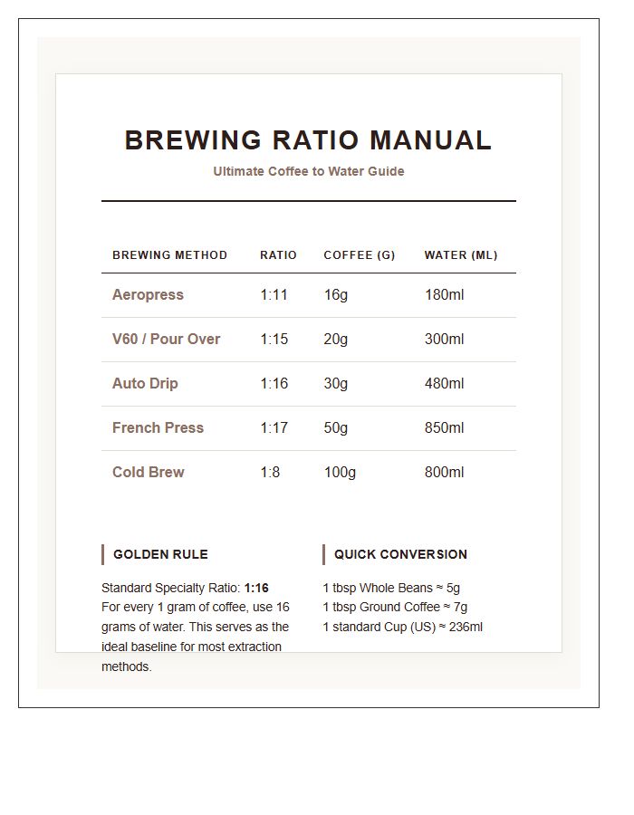 Ultimate Coffee To Water Ratio Chart Printable Manual