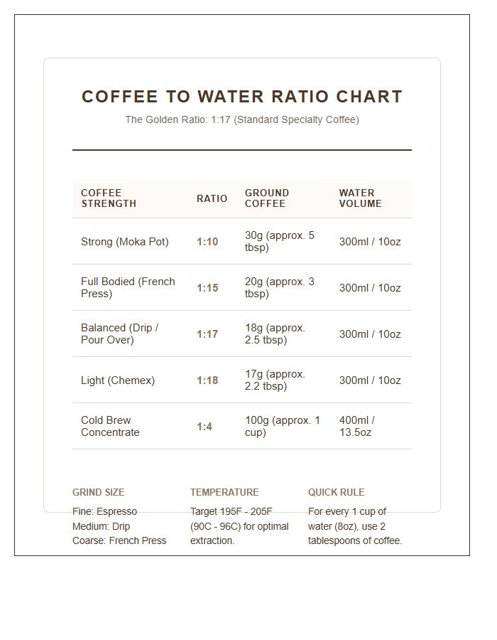 Universal Coffee To Water Ratio Chart Printable