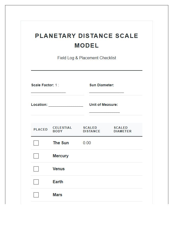 Printable Planetary Distance Scale Model Checklist Chart