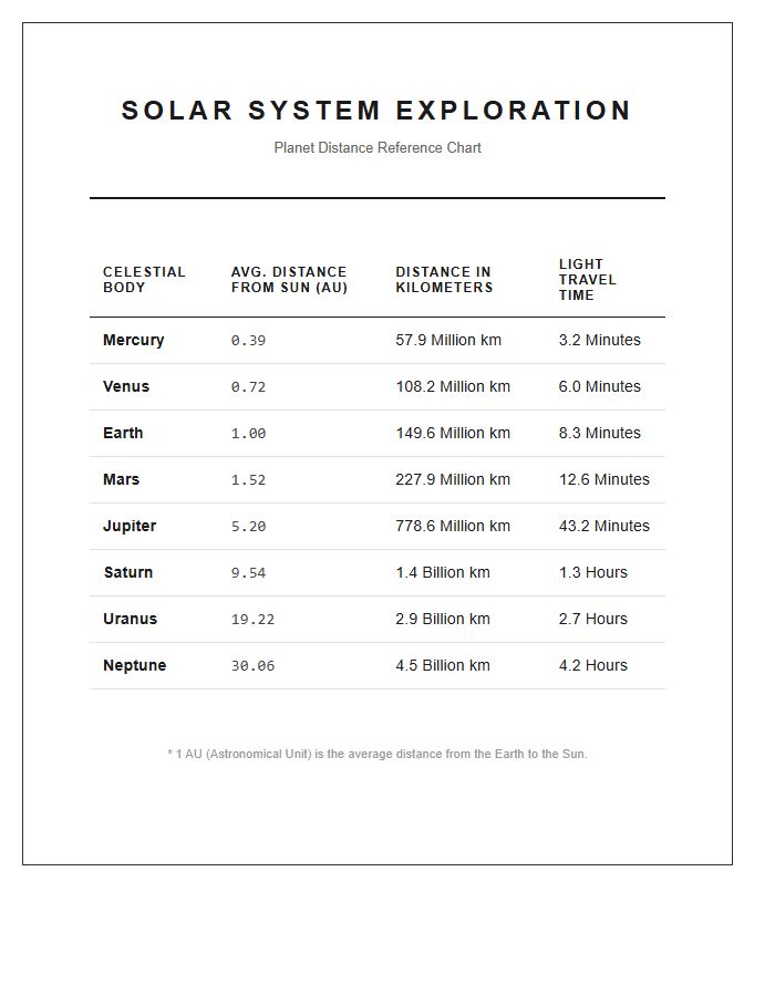 Printable Solar System Exploration Planet Distance Chart