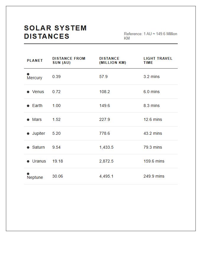 Solar System Planet Distance Measurement Printable Chart