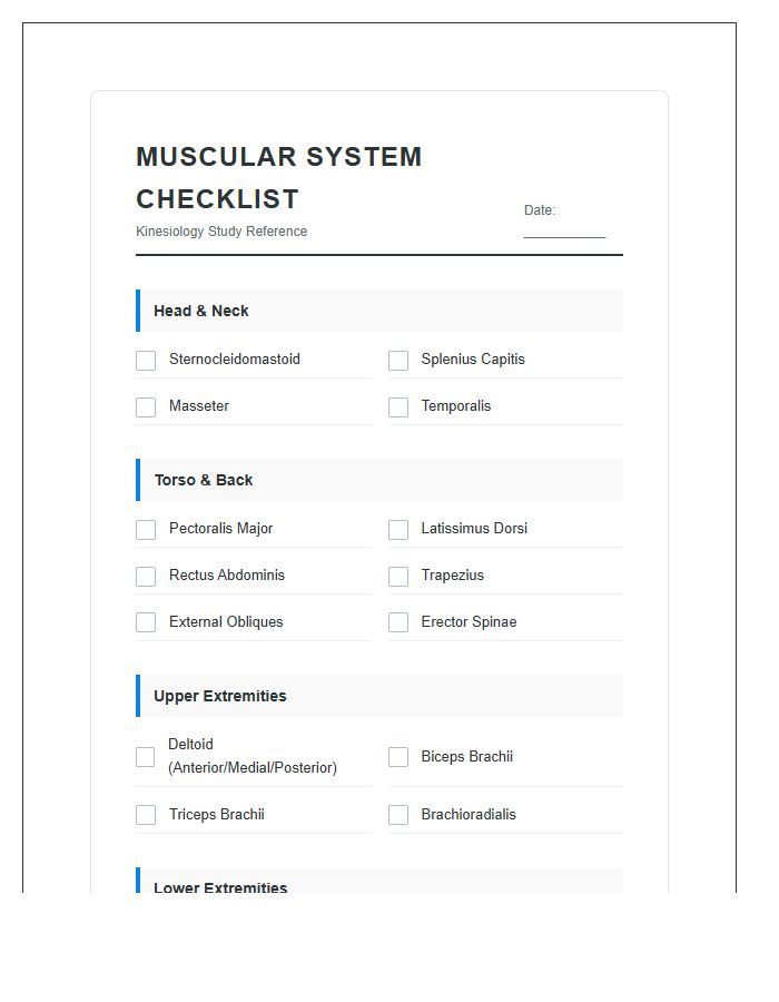 Kinesiology Muscular System Printable Chart Checklist