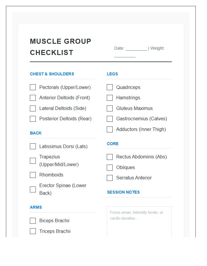 Major Muscle Groups Printable Chart Checklist