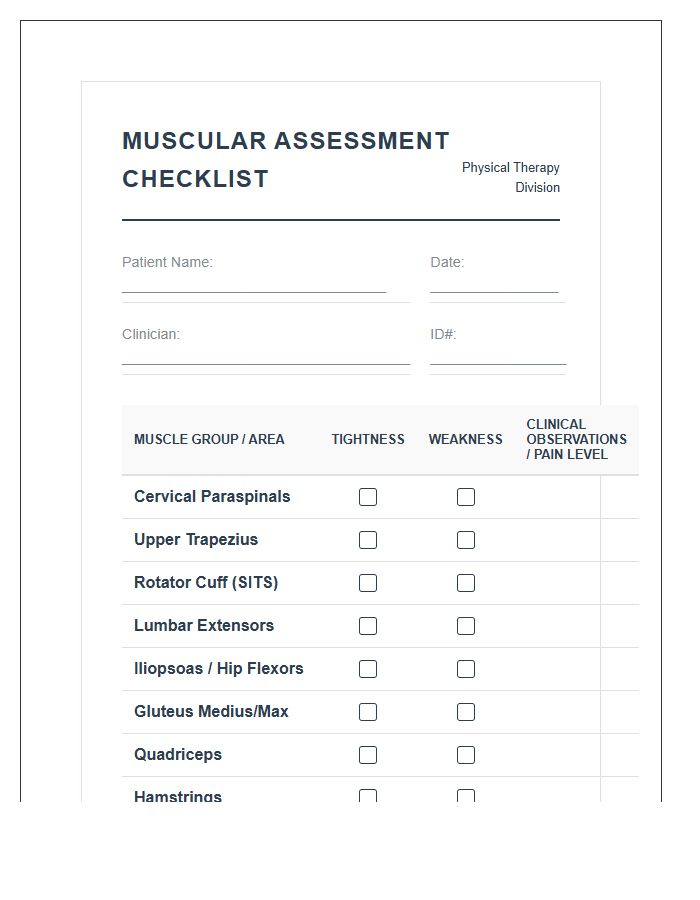 Physical Therapy Muscular System Printable Chart Checklist