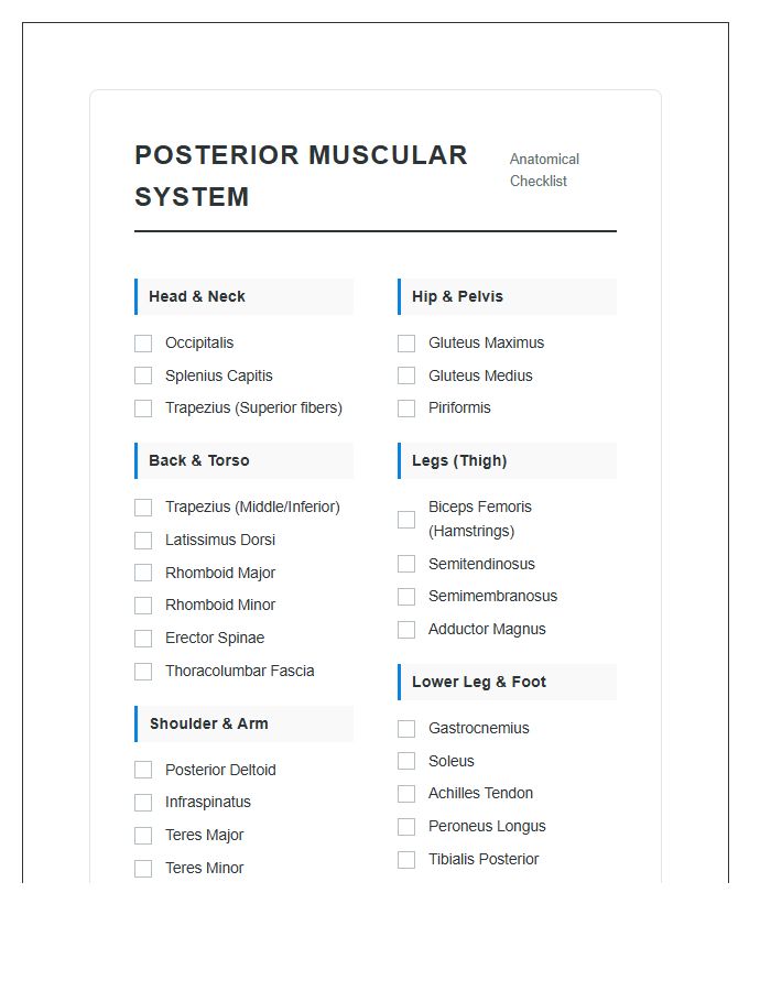 Posterior View Muscular System Printable Chart Checklist