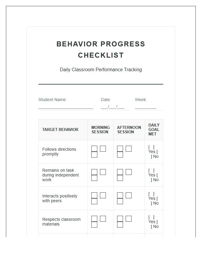 Classroom Management Printable Behavior Progress Chart Checklist