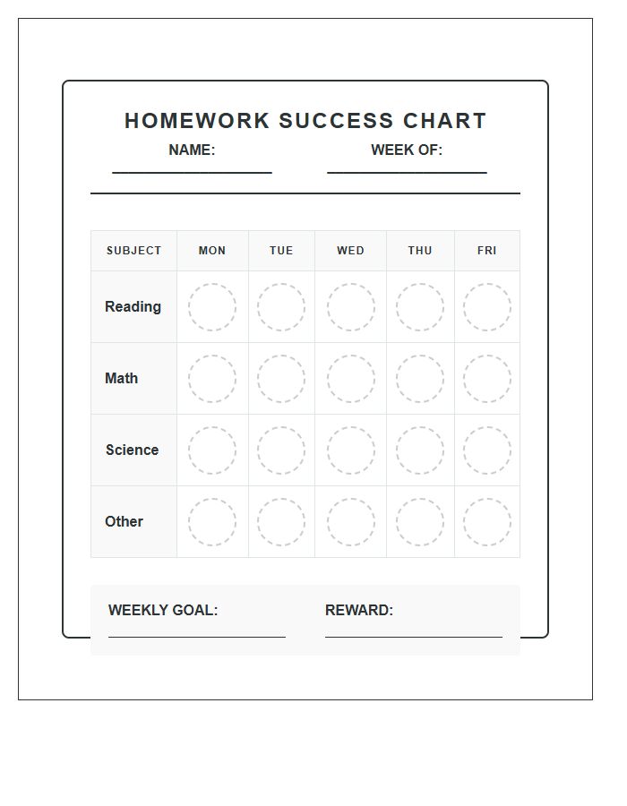 Homework Completion Printable Reward Sticker Chart Checklist