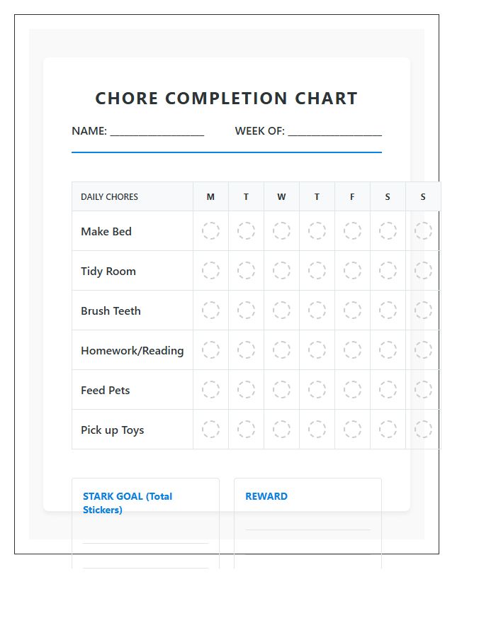 Printable Chore Completion Reward Sticker Chart Checklist