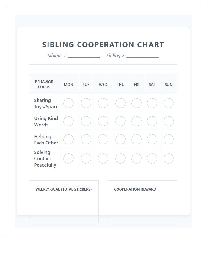 Printable Sibling Cooperation Behavior Reward Sticker Chart