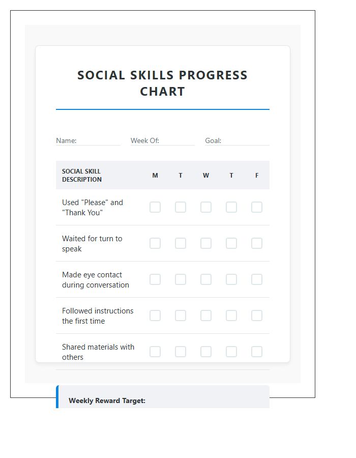 Printable Social Skills Reward Chart Checklist