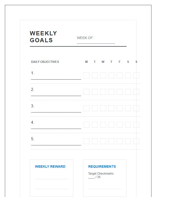 Printable Weekly Goal Tracking Reward Chart Checklist