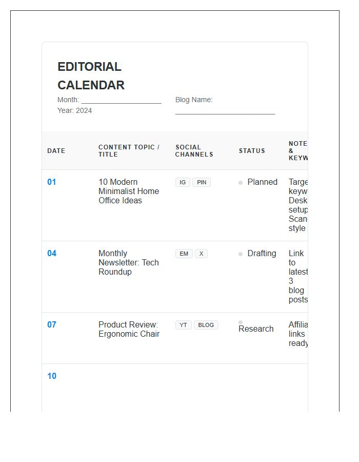 Blogger Editorial Social Media Content Calendar Printable Chart