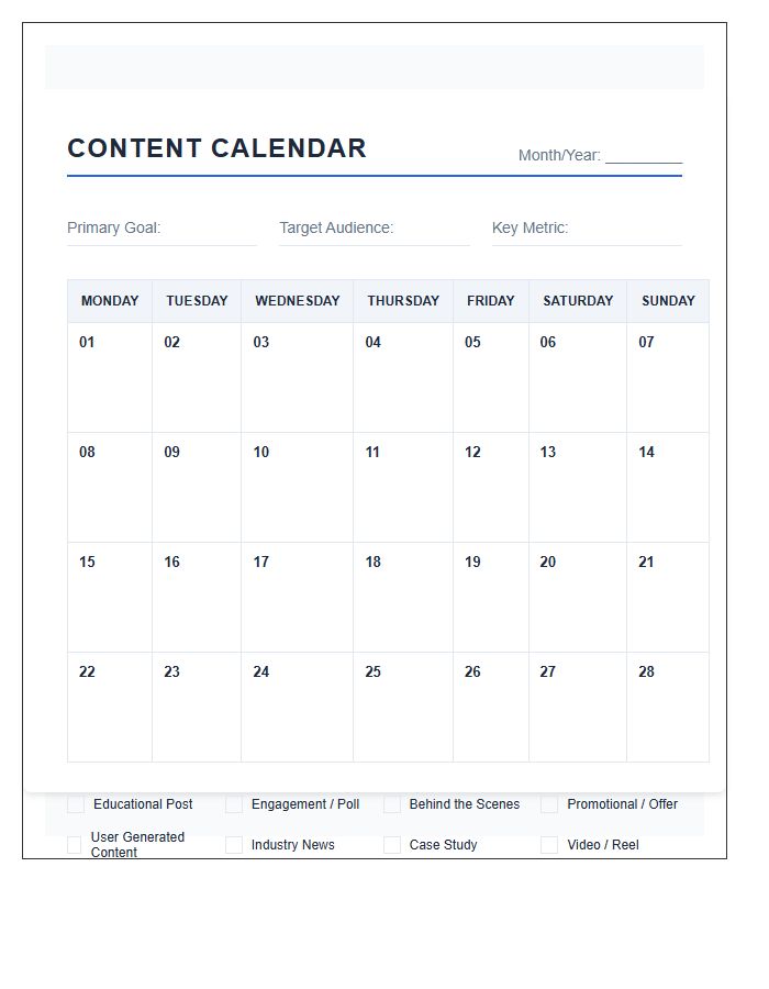 Business Growth Social Media Content Calendar Printable Chart