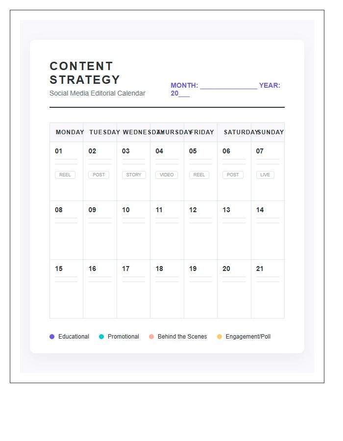 Creative Social Media Content Calendar Printable Chart
