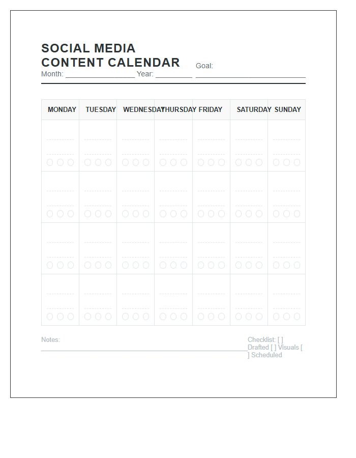 Daily Social Media Content Calendar Printable Chart