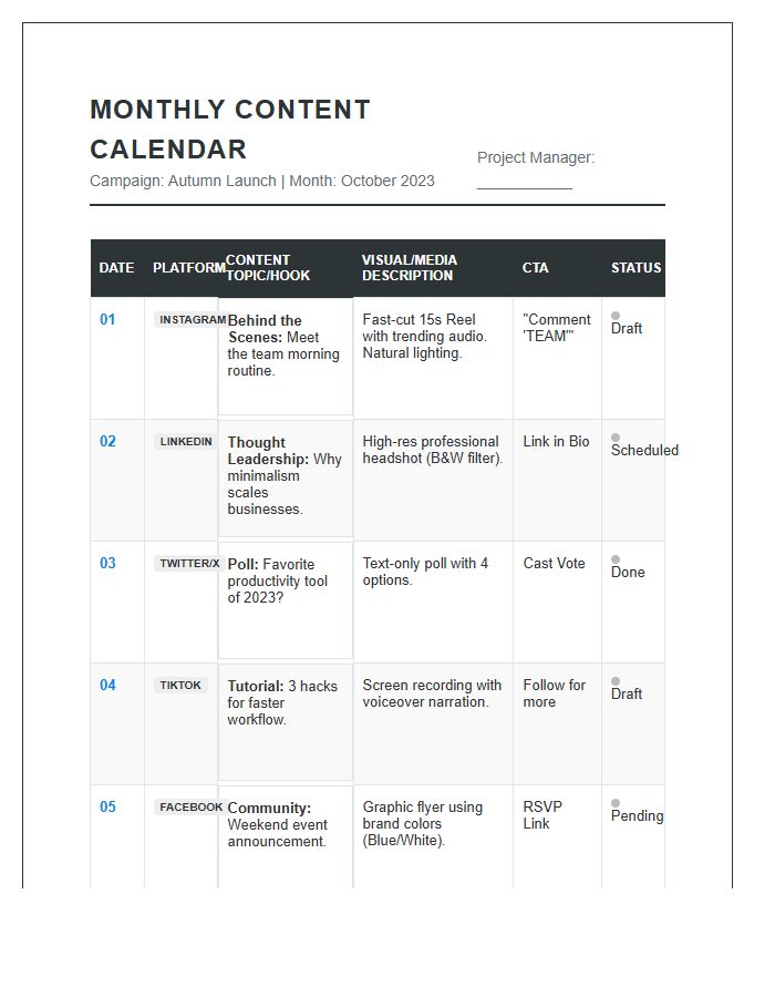 Detailed Monthly Social Media Content Calendar Printable Chart