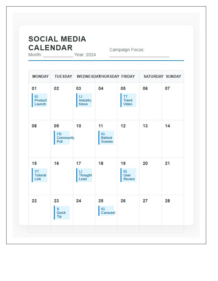 Digital Marketing Social Media Content Calendar Printable Chart