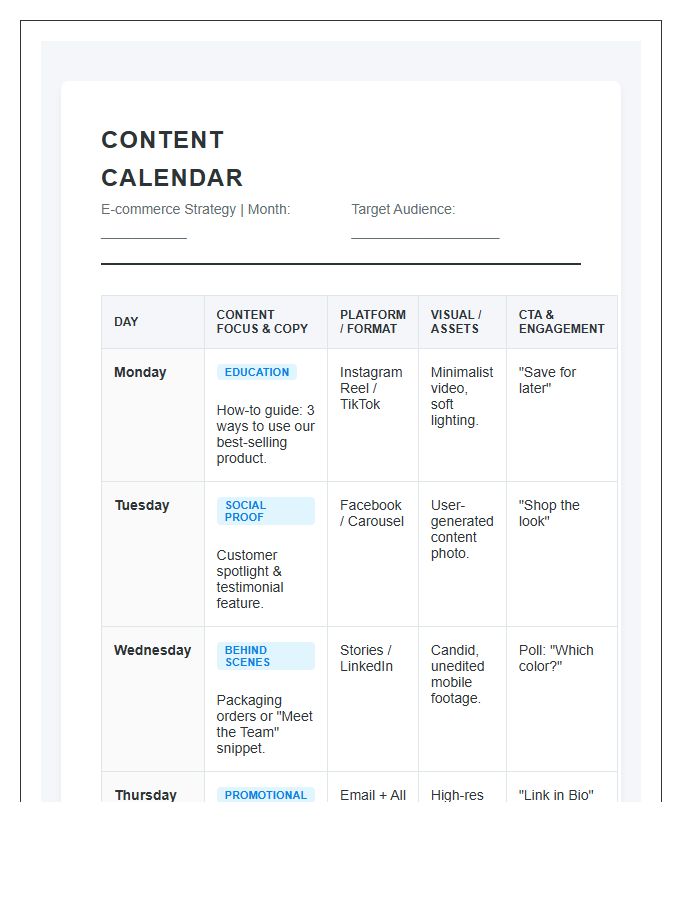 E-commerce Social Media Content Calendar Printable Chart