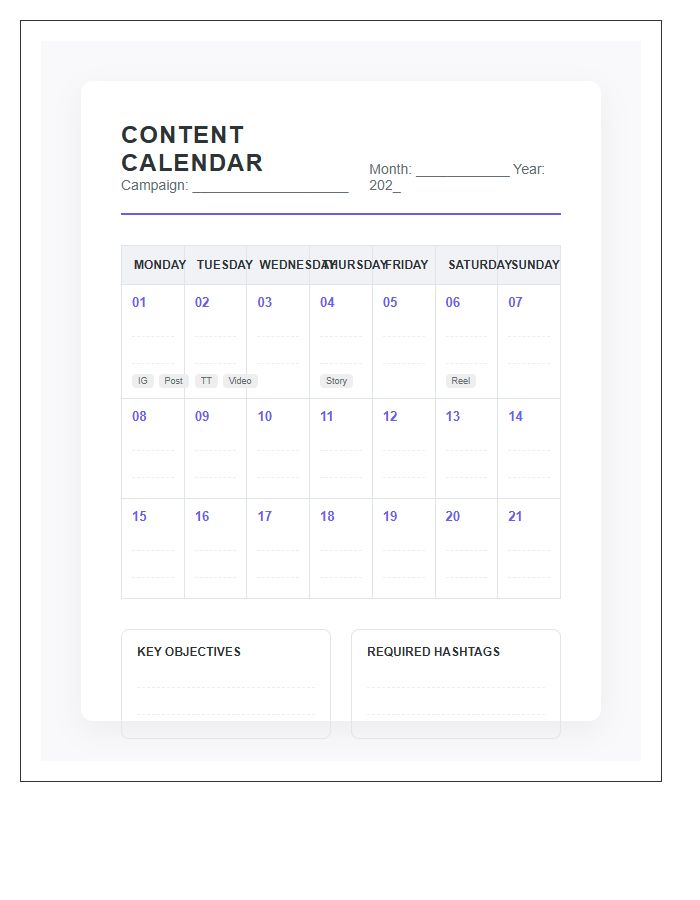 Influencer Marketing Social Media Content Calendar Printable Chart