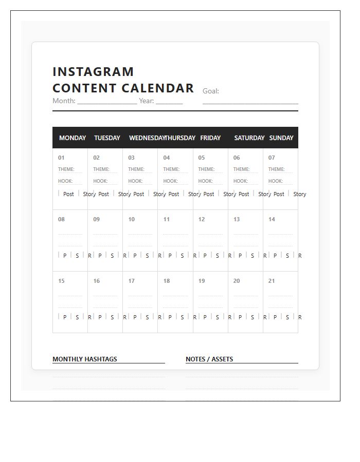 Instagram Post Social Media Content Calendar Printable Chart