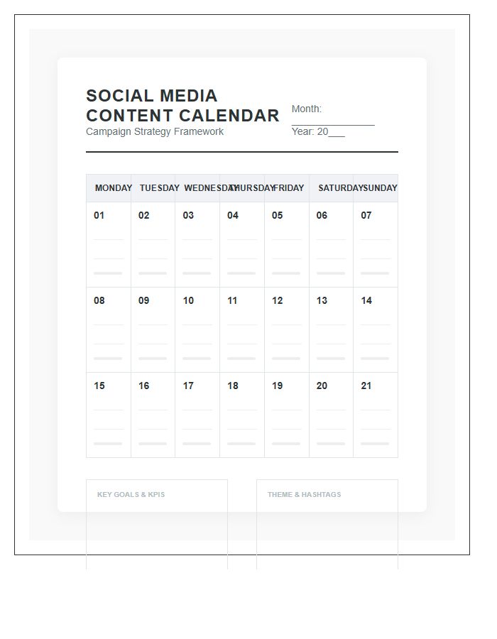 Marketing Strategy Social Media Content Calendar Printable Chart