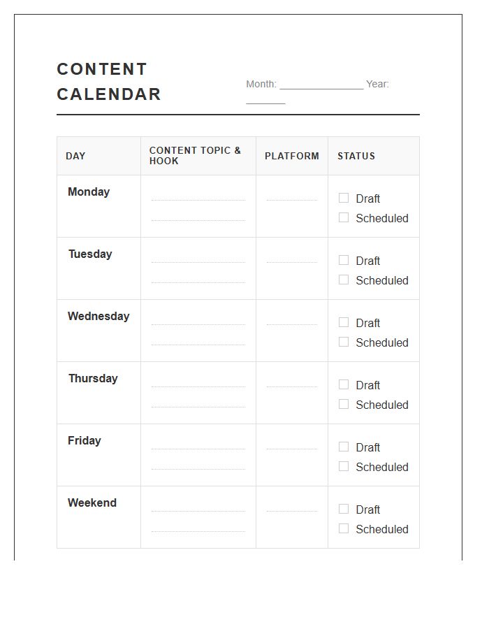 Minimalist Social Media Content Calendar Printable Chart