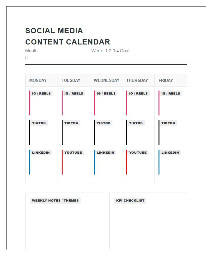Multi Platform Social Media Content Calendar Printable Chart