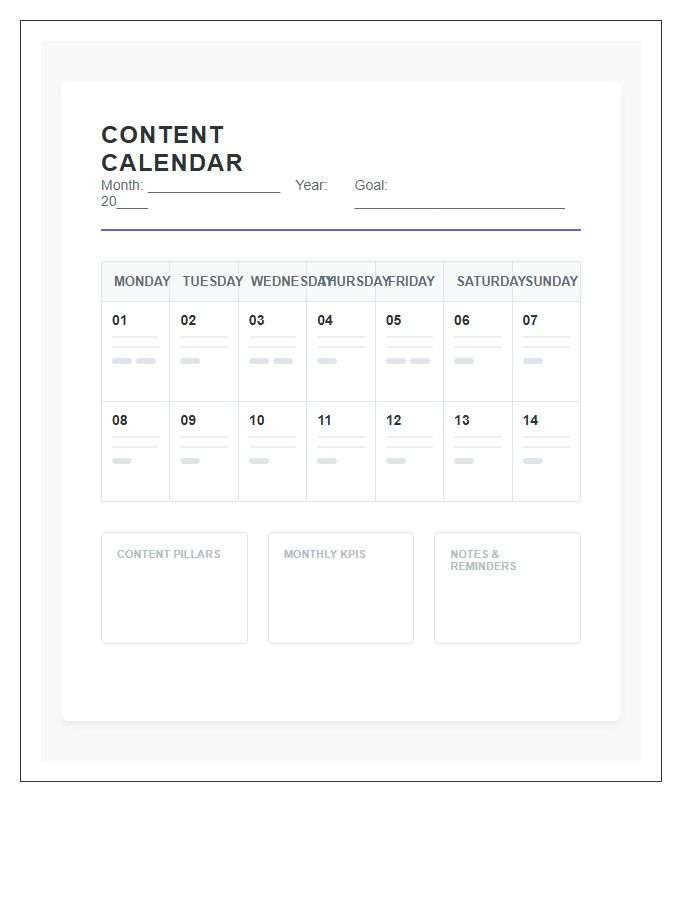 Organized Social Media Content Calendar Printable Chart
