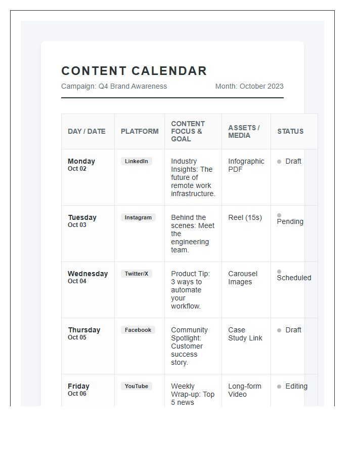 Professional Social Media Content Calendar Printable Chart
