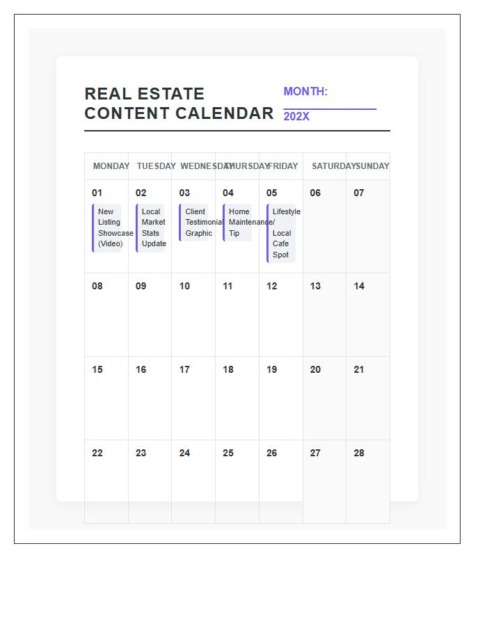 Real Estate Social Media Content Calendar Printable Chart