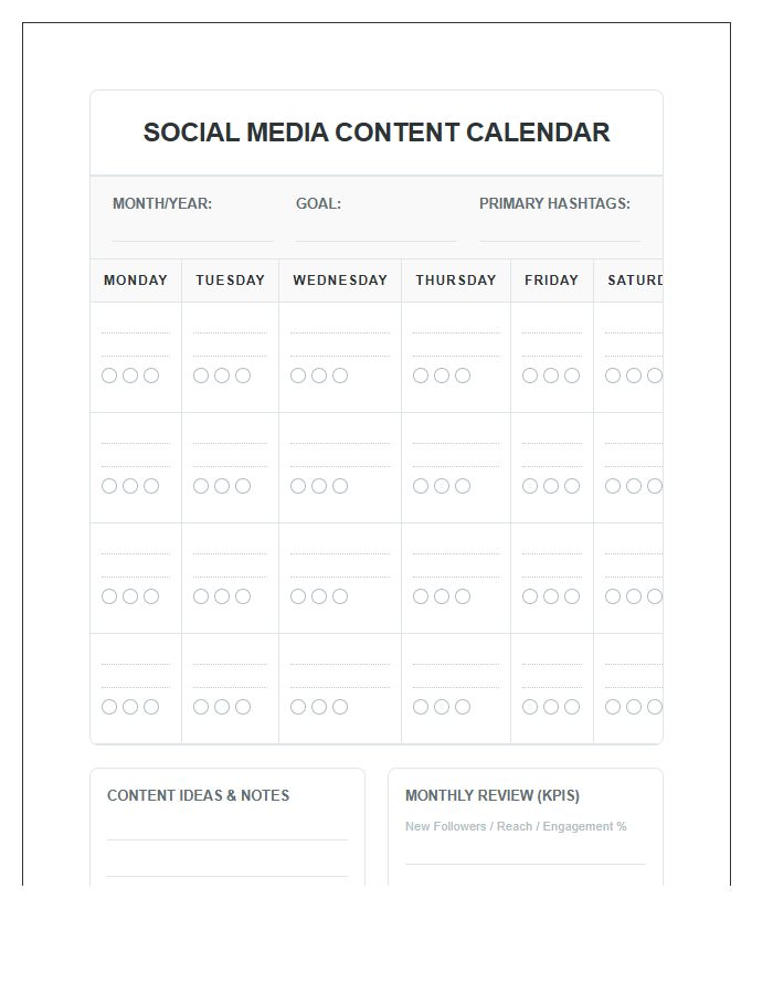 Small Business Social Media Content Calendar Printable Chart
