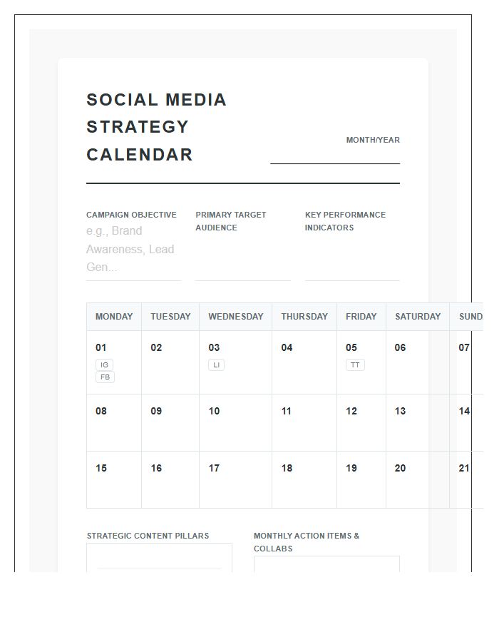 Strategic Planning Social Media Content Calendar Printable Chart