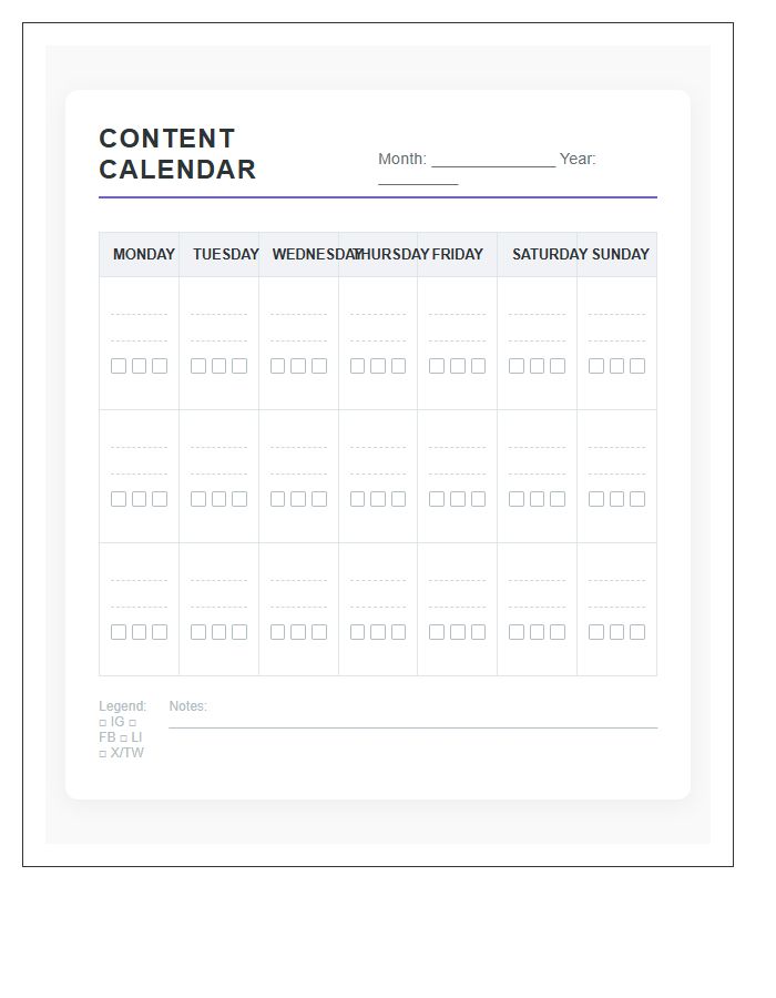 Visual Social Media Content Calendar Printable Chart
