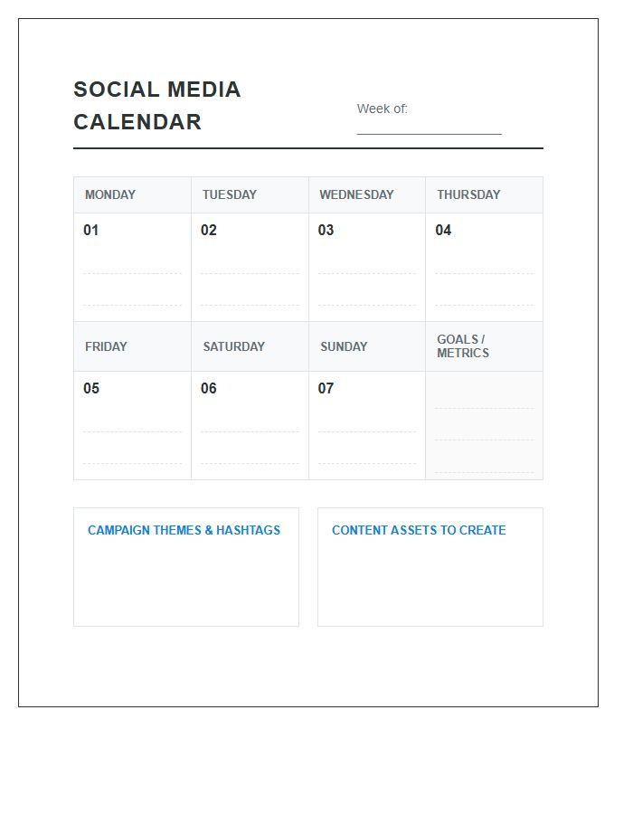 Weekly Social Media Content Calendar Printable Chart