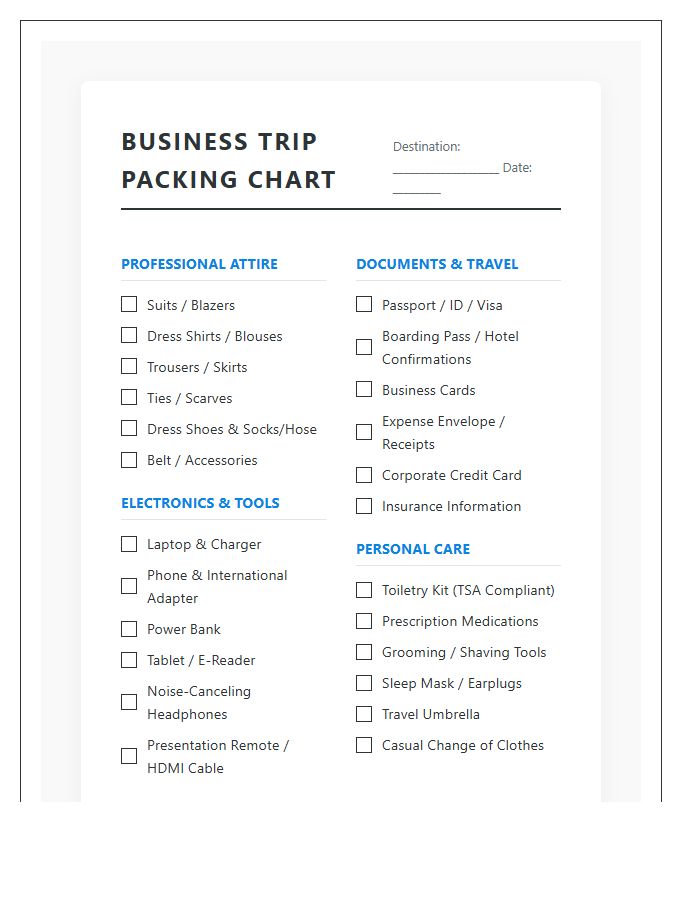 Printable Business Trip Travel Essentials Packing Chart