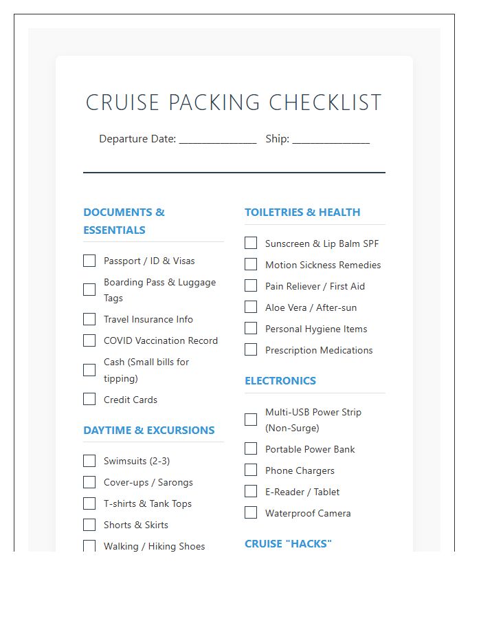 Printable Cruise Vacation Travel Essentials Packing Chart Checklist