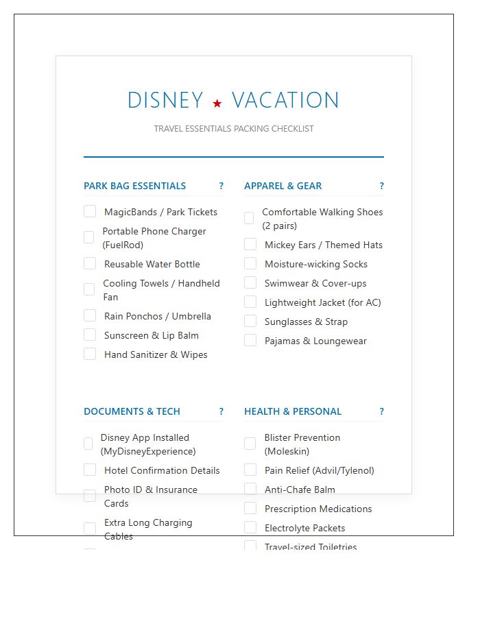 Printable Disney Vacation Travel Essentials Packing Chart Checklist