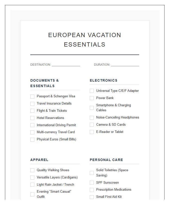 Printable European Vacation Travel Essentials Packing Chart