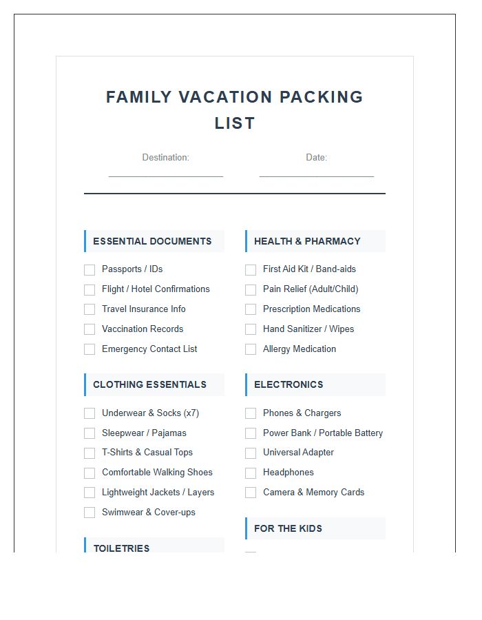 Printable Family Vacation Essentials Packing Chart Checklist